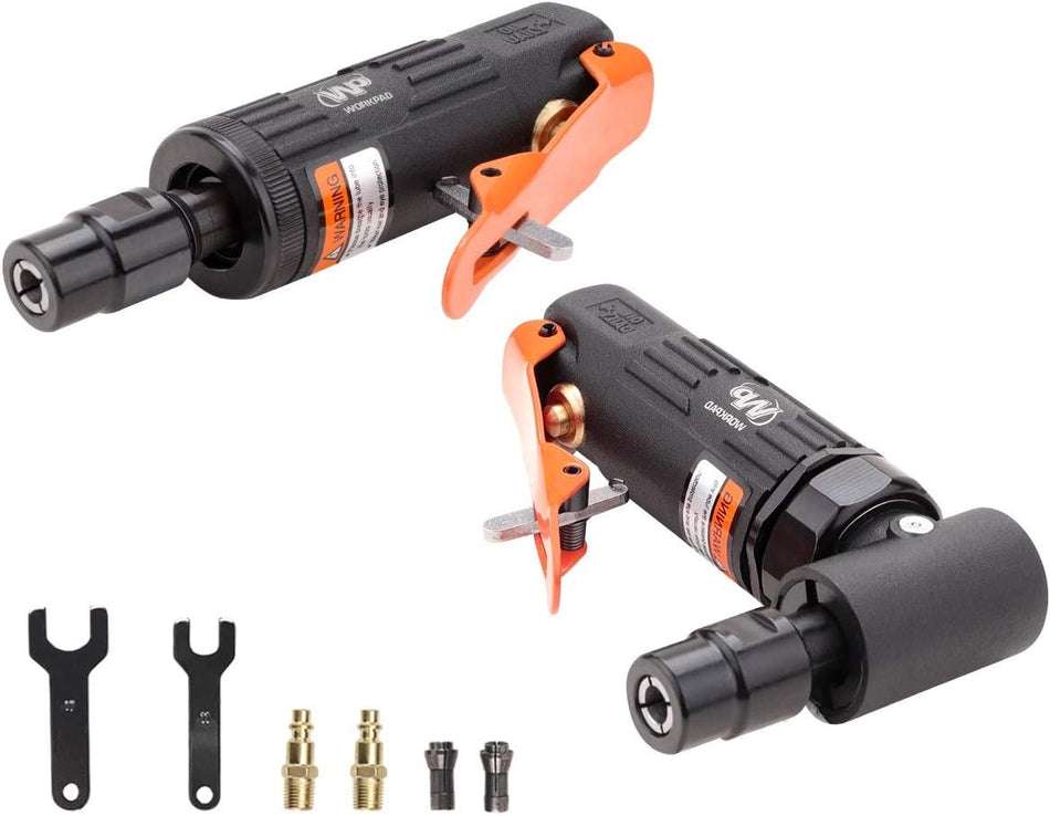 WORKPAD 2PCS Air Die Grinder Set, Straight/Angled Air Die Grinder Kit with 1/4 and 1/8 inch Collets, Pneumatic Tools